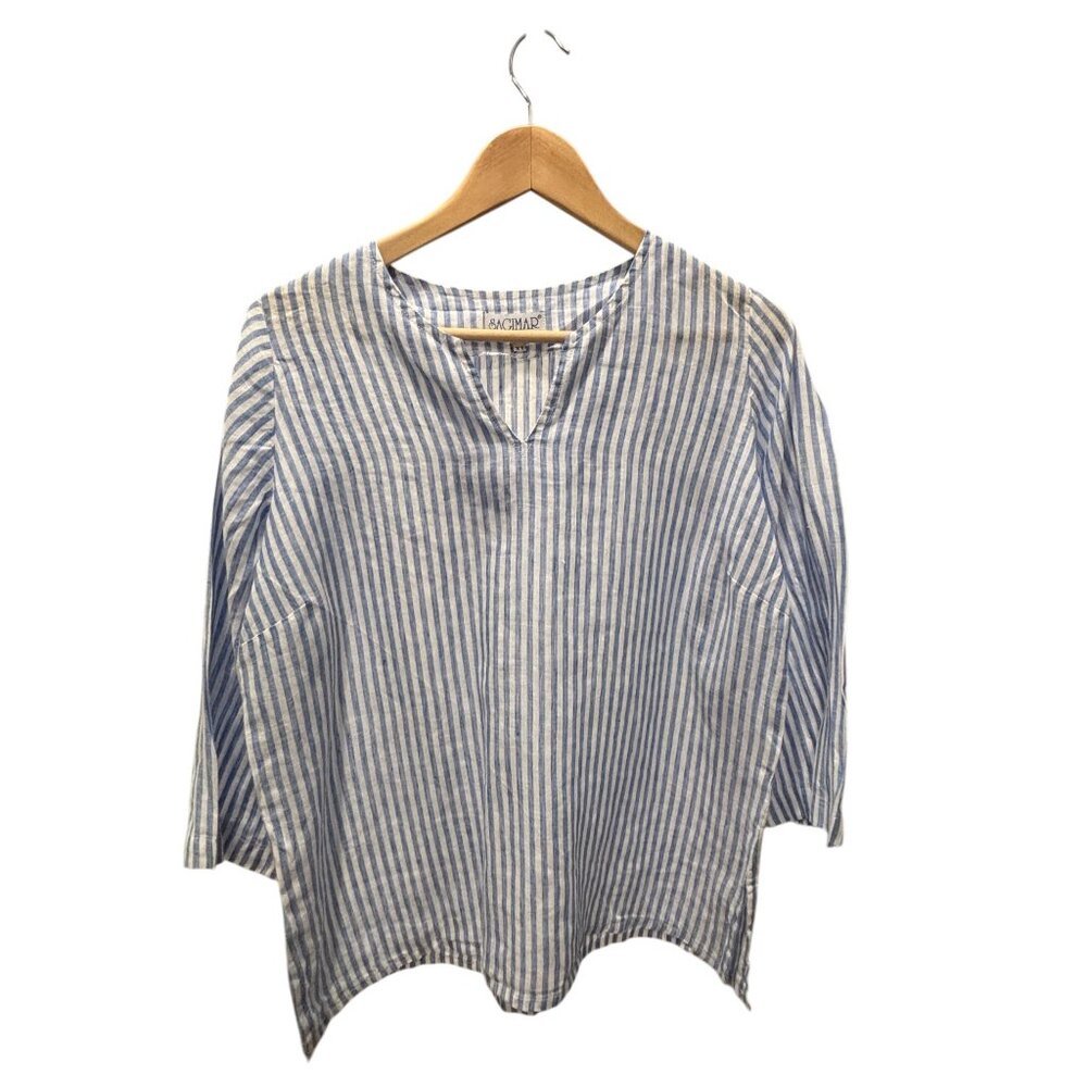 SAGIMAR Linen Top XL Blue White Stripe Italian Lightweight Summer Blouse
